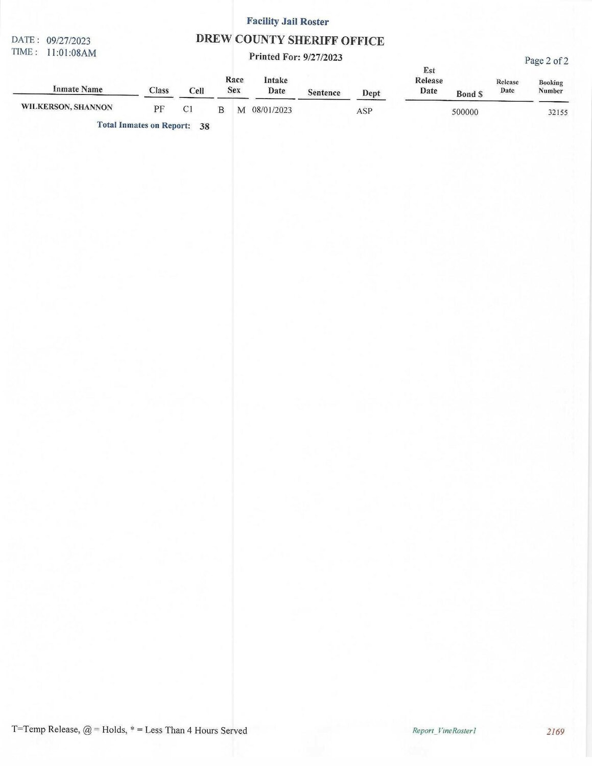 September 27th 2023 Drew County Detention Facility Jail Roster The